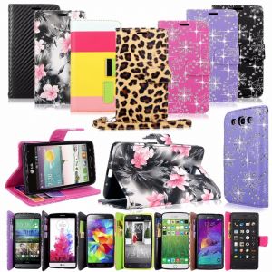 Cheap Chip מגנים Bling Glitter Pu Leather Flip Wallet Pocket Case W/Strap For Many Phones Model