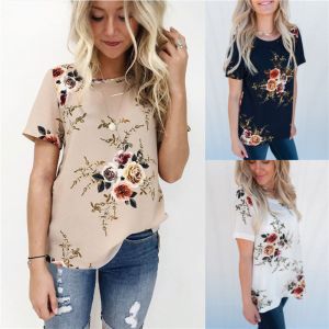 Cheap Chip לאישה Summer Womens Casual Tops Blouse Short Sleeve Crew Neck Floral T-Shirt Ladies