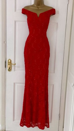 Cheap Chip לאישה Womens £65 EX QUIZ Red Lace Sequin Bardot Fishtail Maxi Evening Dress 8 - 18