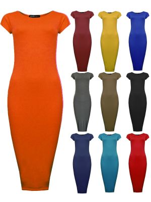 Cheap Chip לאישה Ladies Midi Dress New Womens Short Sleeve Bodycon Plain Dresses UK 8 10 12 14