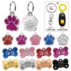 Cheap Chip לכלב Personalized Dog Tags Engraved Cat Puppy Pet ID Name Collar Tag Bone/Paw Glitter