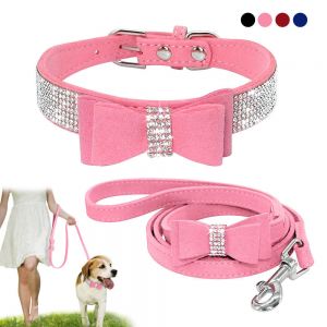 Cheap Chip לכלב Rhinestone Dog Collar and Leash Soft Suede Bow for Doggie Puppy Cat Small Pet