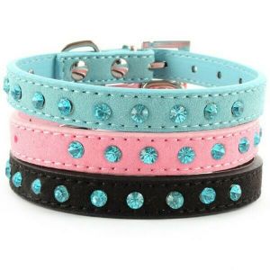 Cheap Chip לכלב Small Pet Dog Velvet PU Leather Collar Puppy Cat Crystal Rhinestone Neck Strap