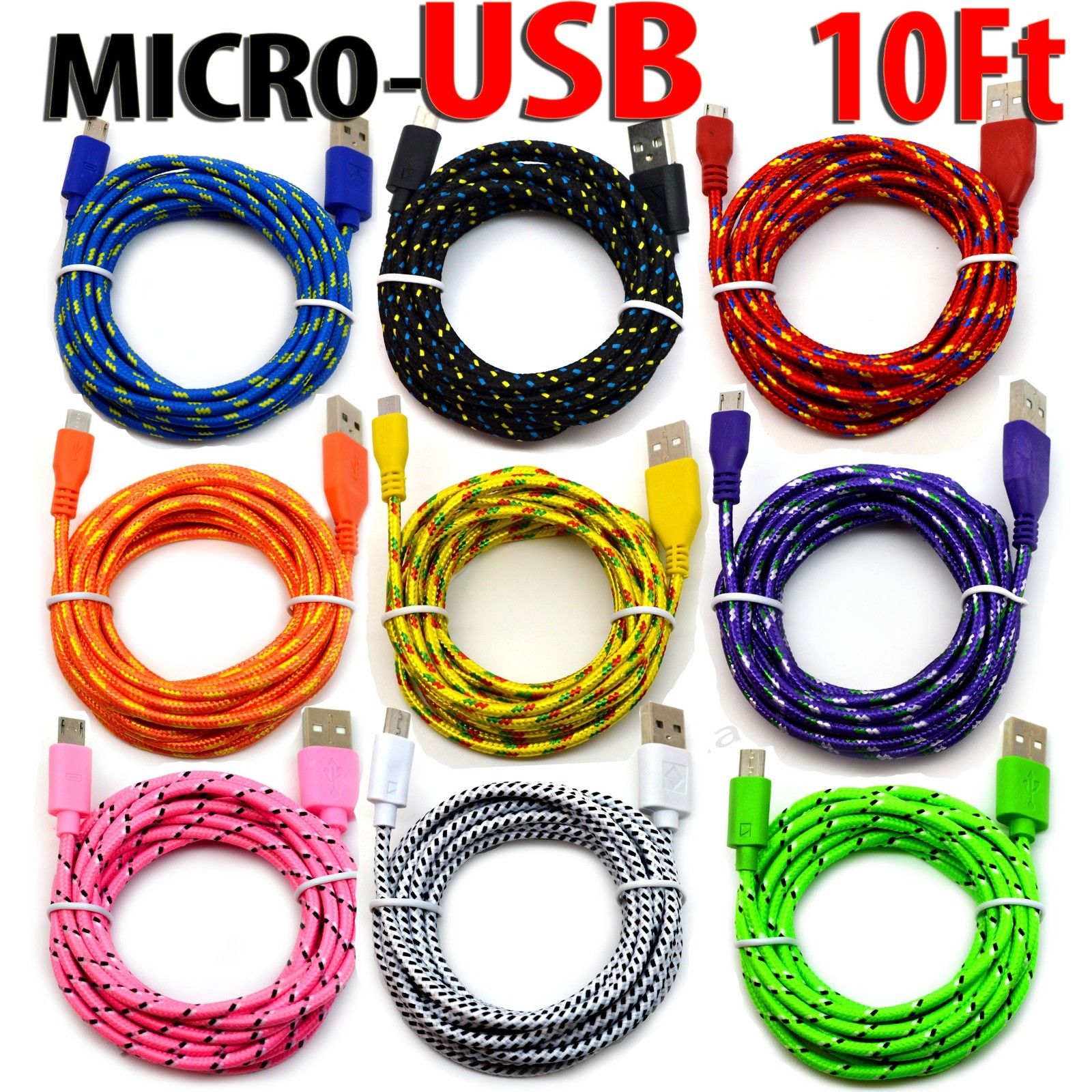 Cheap Chip מטענים וכבלים 10' Foot Micro USB 2.0 Cable For Android Phones Charging Sync Charger Cord lot