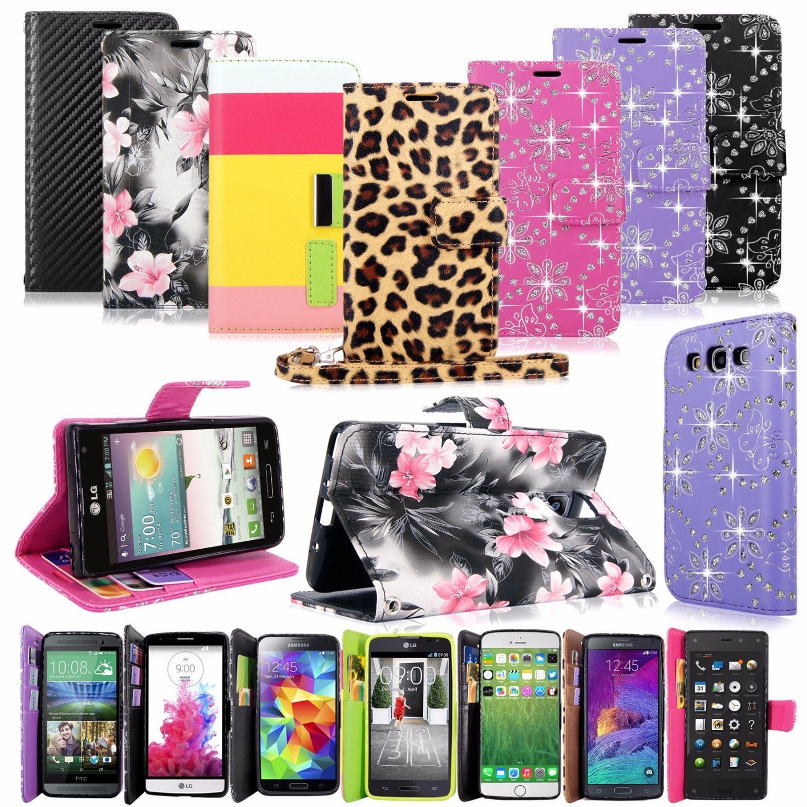 Cheap Chip מגנים Bling Glitter Pu Leather Flip Wallet Pocket Case W/Strap For Many Phones Model