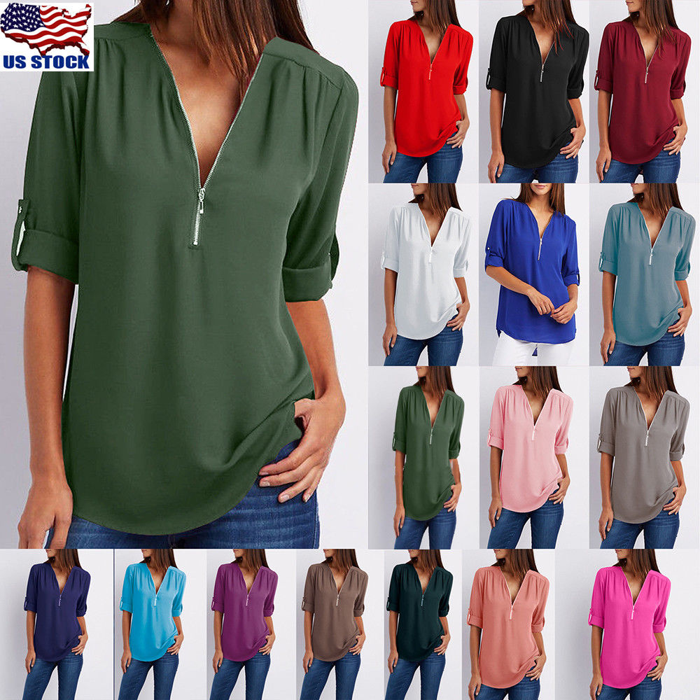 Cheap Chip לאישה Women Chiffon Loose Tops Long Sleeve Sexy Zip V Neck T Shirt Casual Blouse Shirt